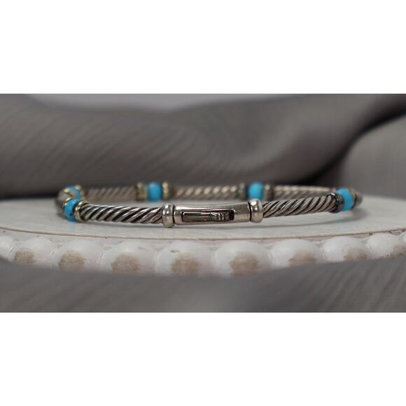David Yurman 925 & 14k Turquoise Bead Cable Bracelet 9.73G / 6.75In - Picture 2 of 8